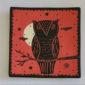 Halloween Full Moon Owl Bats Ceramic Plate Sharon Bloom Spooky hand painted
